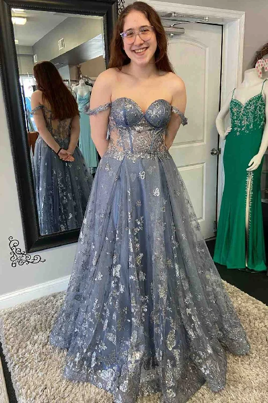 Dusty Lavender A-line Off-the-Shoulder Prints Tulle Long Prom Dress Black Tulle Dress