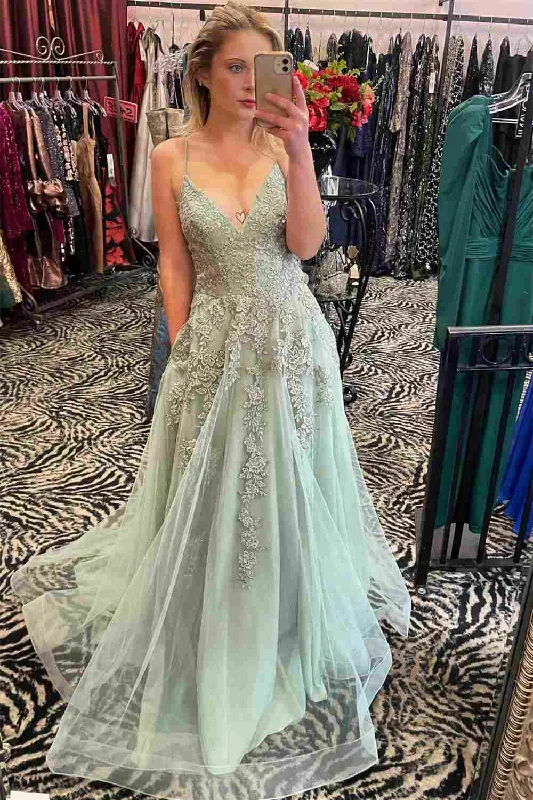 Dusty Sage A-line V Neck Applique Tulle Long Prom Dress Tulle Lace Dress