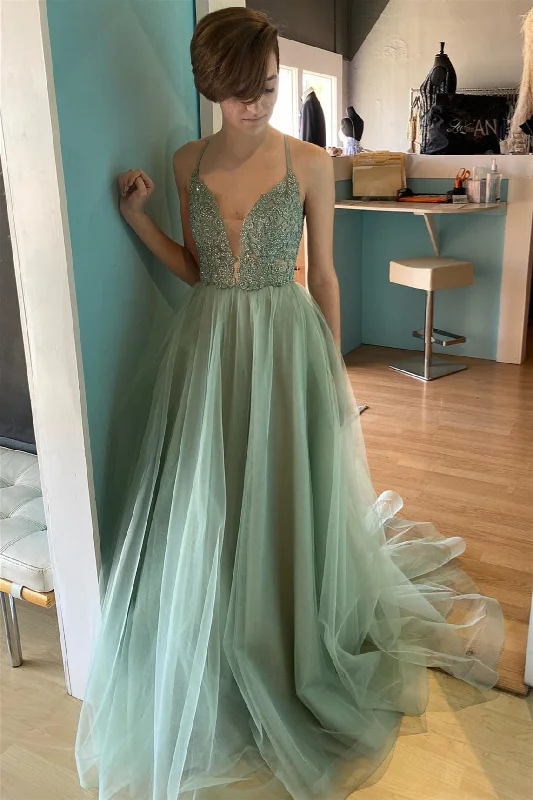 Dusty Sage Deep V Neck Appliques Lace-Up Tulle Long Prom Dress Tulle Dress Modern