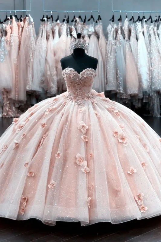 Elegant Blush Pink Tulle Ball Gown 15 Dress with 3D Flowers Y2582 Tulle Dress Formal