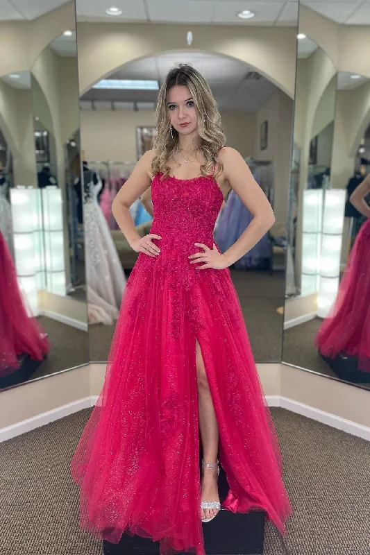 Fuchsia A-line Tulle Scoop Neckline Applique Slit Long Prom Dress Tulle Dress Design