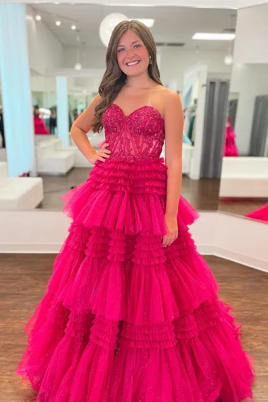 Fuchsia Multi-Layers Strapless Appliques A-line Tulle Long Prom Dress Tulle Dress Chic