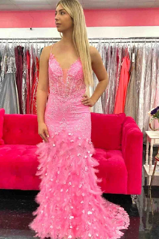 Hot Pink Mermaid V Neck Lace Tulle Lace-Up Back Long Prom Dress with Feathers Tulle Dress Flow