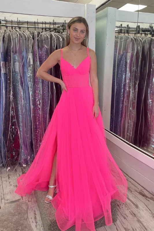 Hot Pink V Neck Tulle A-line Prom Dress with Slit Tulle Dress Ruffles