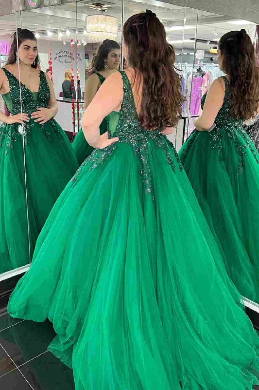 Hunter Green A-line V Neck Beaded Applique Tulle Long Prom Dress Tulle Dress Chic