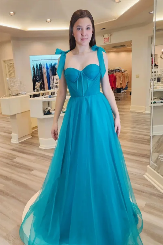 Jade Sweetheart Bow Tie Shoulder Tulle Long Prom Dress Tulle Dress Sparkly