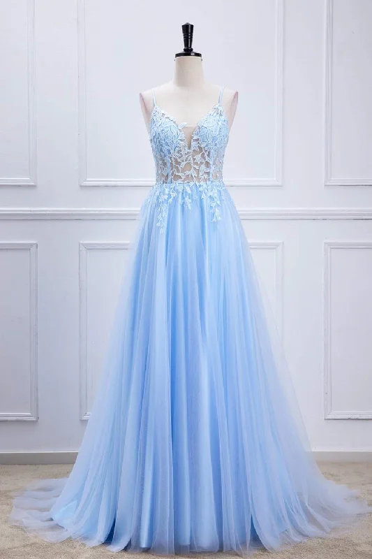 Light Blue Lace-Up Appliques A-line Tulle Long Prom Dress Tulle Dress Occasion