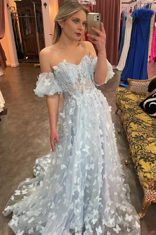 Light Blue Off-the-Shoulder A-line Butterfly Tulle Long Prom Dress Sweet Tulle Dress