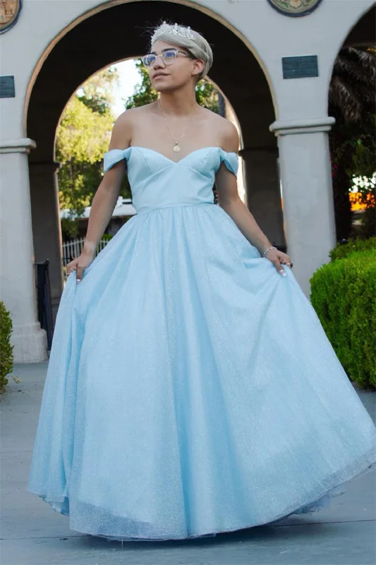 Light Blue Tulle A-line Off-Shoulder Lace-Up Back Long Prom Dress Ruffled Tulle Dress