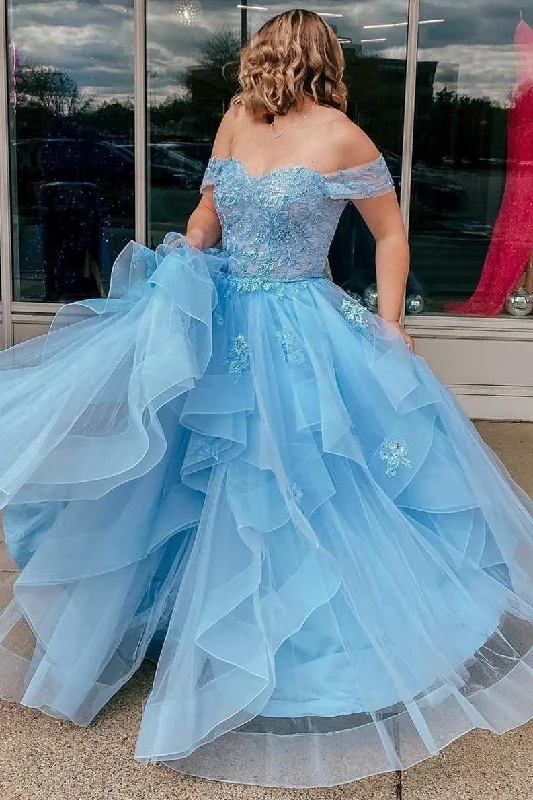 Light Blue Tulle Off-the-Shoulder Tiered A-Line Prom Dress Full Tulle Dress