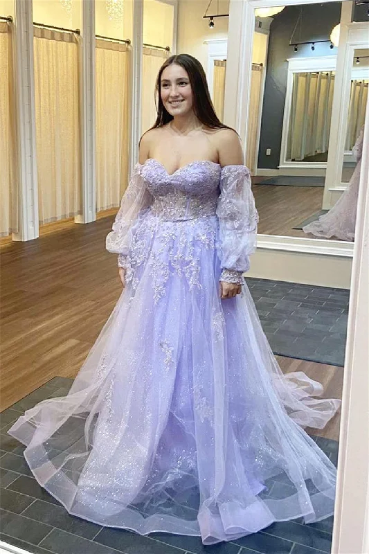 Lilac A-Line Tulle Off-Shoulder Lace-Up Back Long Prom Dress Tiered Tulle Dress