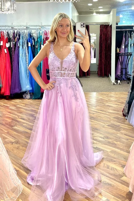 Lilac A-line V Neck Beaded Appliques Sleeveless Tulle Long Prom Dress Sparkling Tulle Dress