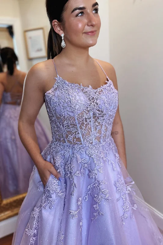 Lilac Lace-Up Back Scoop Neck Boning Appliques Tulle Long Prom Dress Vintage Tulle Dress