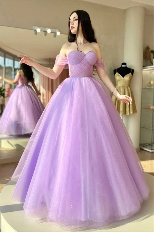 Lilac Off-the-Shoulder Lace-Up Tulle Long Prom Dress Tulle Dress Blush