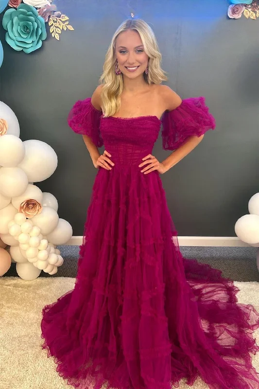 Fuchsia Strapless Tulle A-line Ruffles Long Prom Dress Tulle Dress Silhouette