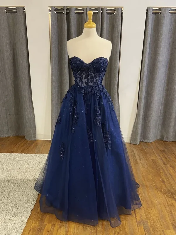 Navy Blue Tulle Sweetheart Long Prom Dress, A-line Tulle Formal Dress Y2674 Tulle Lace Gown