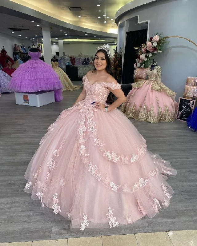 Off The Shoulder Pink Tulle Lace Ball Gown,Sweet 16 Dress  Y2267 Tulle Evening Gown