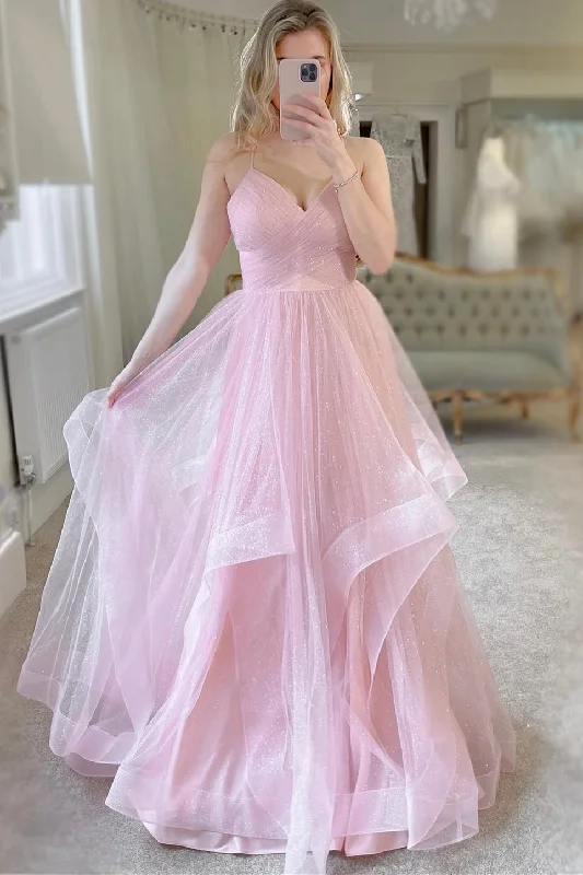 Pink A-line Tulle Tiered Ruffles Long Princess Dress Tulle Dress Dazzle