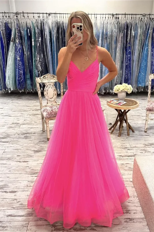 Pink Deep V Neck Straps A-line Tulle Long Prom Dress Tulle Dress Fit