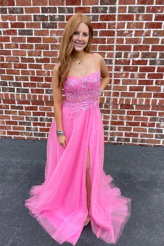 Pink Scoop Neck Appliques Lace-Up Back Tulle Long Prom Dress with Slit Vintage Tulle Dress