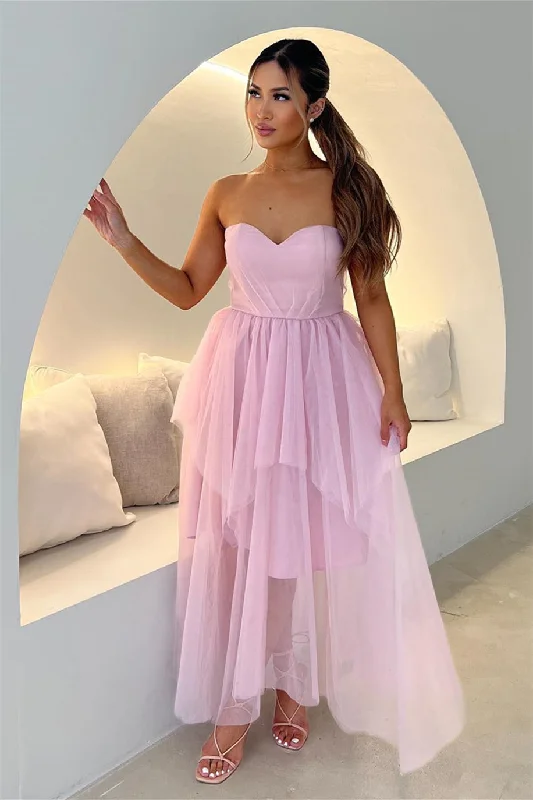 Pink Strapless Sweetheart Multi-Layers Tulle Long Prom Dress Boho Chic Tulle