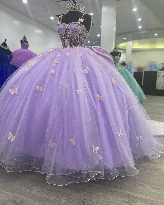 Purple Tulle Ball Gown With Butterflies,Sweet 16 Dress,Purple Princess Dress Y2270 Tulle Bridesmaid Dress