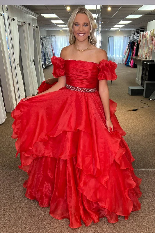 Red Off-the-Shoulder Layers Beaded Tulle Long Prom Dress Tulle Evening Dress