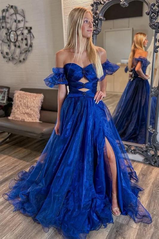 Royal Blue Tulle Off-Shoulder Rhinestones Long Prom Dress with Slit Tulle Ball Gown