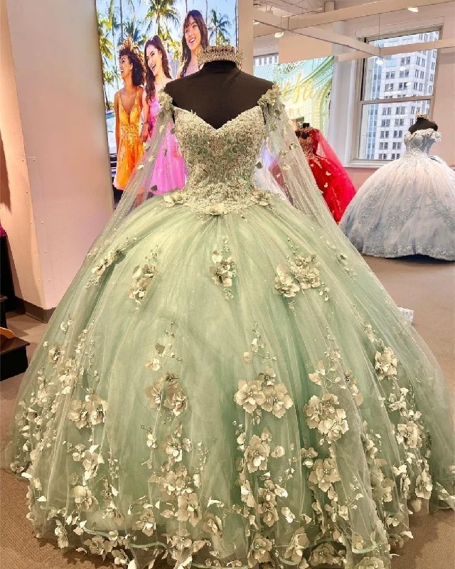 Mint Green Tulle Ball Gown with 3D Flowers,Sweet 16 Dress,Princess Dress,Quinceanera Dress   Y2252 Blue Tulle Dress