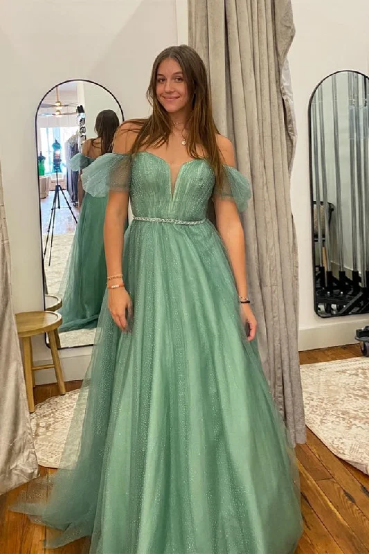 Sea Glass Tulle A-line V Neckline Off-Shoulder Long Prom Dress Floor-length Tulle Dress