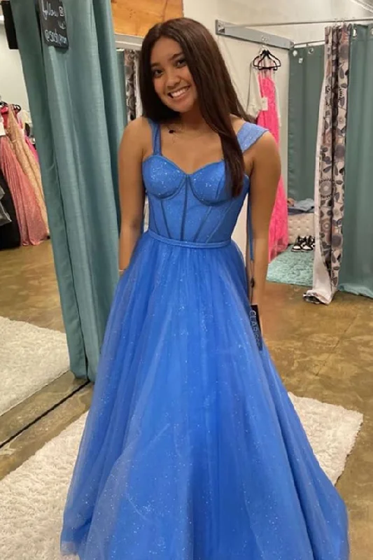 Sparkly Blue Jay Straps Tulle Long Prom Dress Tulle Dress Fluffy